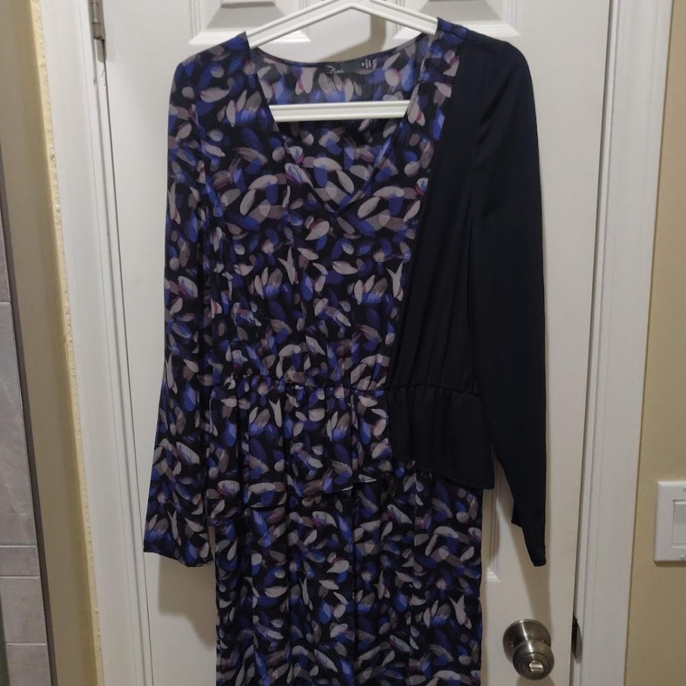 Noir Blue and Black Leaf-Patterned Dress, Size M